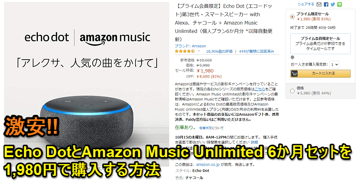 激安 Echo Dotとamazon Music Unlimited 6か月分をセットで1 980円で購入する方法 参加できる条件や注意点など 使い方 方法まとめサイト Usedoor