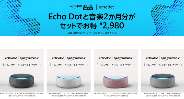 Echo DotとAmazon Music Unlimited2ヵ月がセットで2,980円