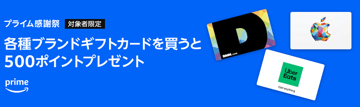 Amazon プライム感謝祭 2024 【対象者限定】各種ブランドギフトカードを買うと500ポイントプレゼント