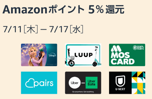 【ギフトカード】UberやU-NEXT、モスカードなどAmazonポイント5％還元