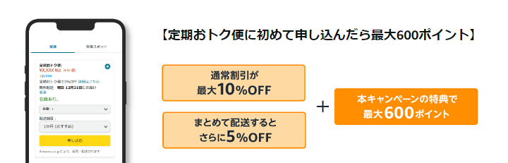 【初回限定】初めての定期おトク便で600ポイントがもらえるキャンペーン