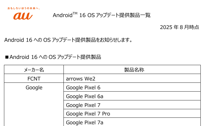 Android16 アップデート対応端末まとめ