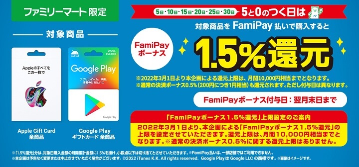 Apple Gift Card と Google Play ギフトカード を5と0のつく日にFamiPay払いで購入するとお得♪（1.5%還元）