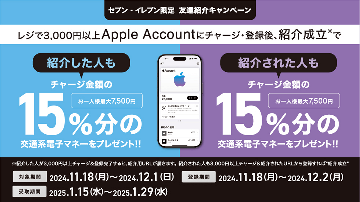 【12/1】セブン‐イレブン｜Apple Account チャージ 交通系電子マネーキャンペーン