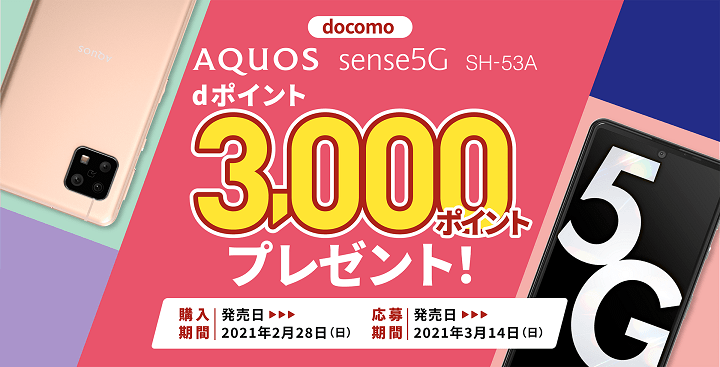 docomo AQUOS sense5G SH-53A dポイント3,000ポイントプレゼント！