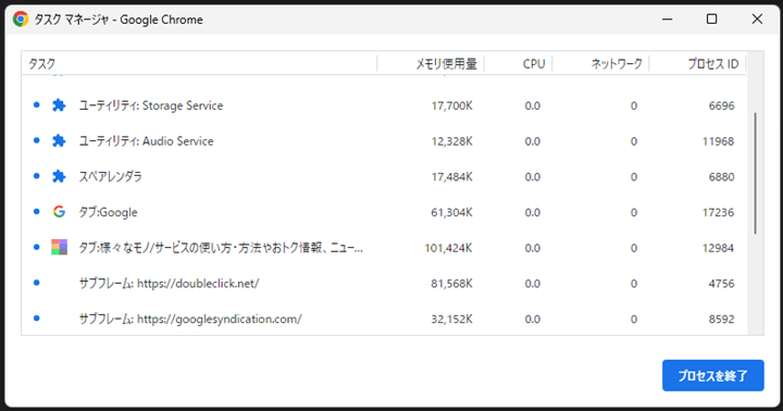 Chrome タブのメモリ使用量を一目で確認する方法