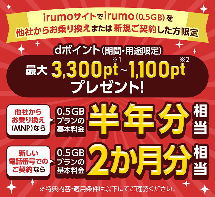 irumo（0.5GBプラン）へののりかえで3,300dポイント、新規契約で1,100dポイントがもらえるキャンペーン