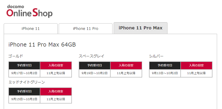 ドコモiPhone11ProMax入荷スケジュール