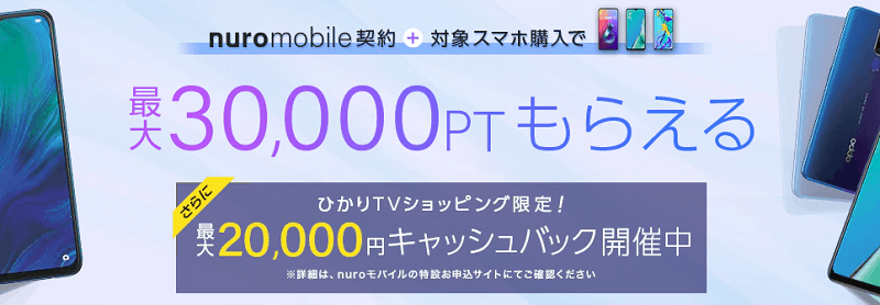【合計5万円分還元】nuroモバイルを契約して30,000ポイント+20,000円キャッシュバックをゲットする方法