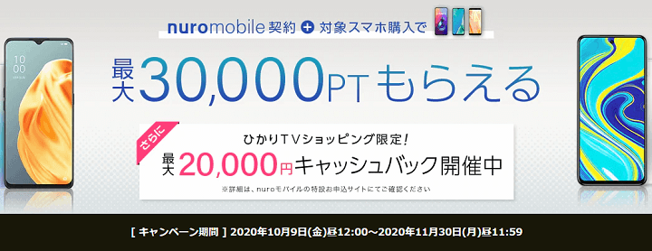 【合計最大5万円分還元】NUROモバイルを契約して30,000ポイント+20,000円キャッシュバックをゲットする方法