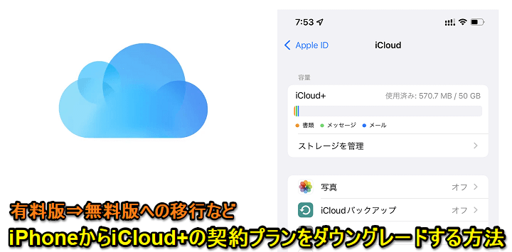 iPhone iCloud+解約、無料プランにダウングレード