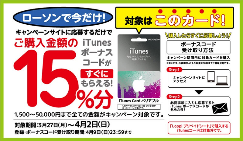 15 もお得 ローソンでitunesカードを買うと15 分のボーナスコードがもらえる お得にitunesカードを購入する方法 使い方 方法まとめサイト Usedoor