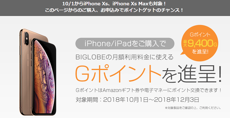 iPhone/iPadを購入でBIGLOBEの月額利用料金に使えるGポイントを進呈