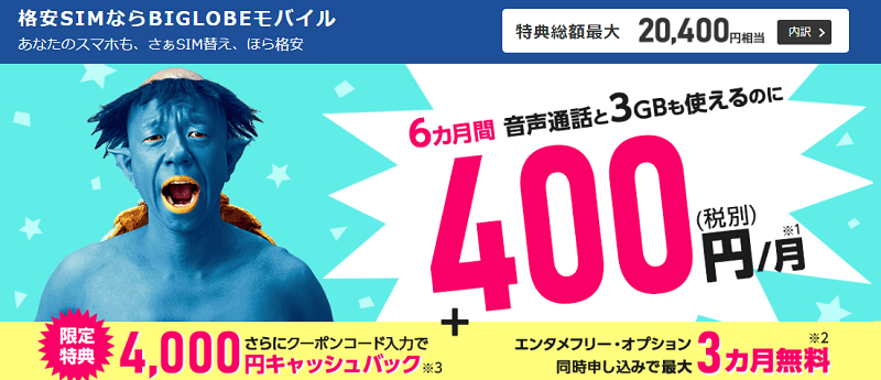 BIGLOBEモバイル +4,000円キャッシュバック