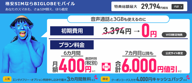 BIGLOBEモバイル +4,000円キャッシュバック