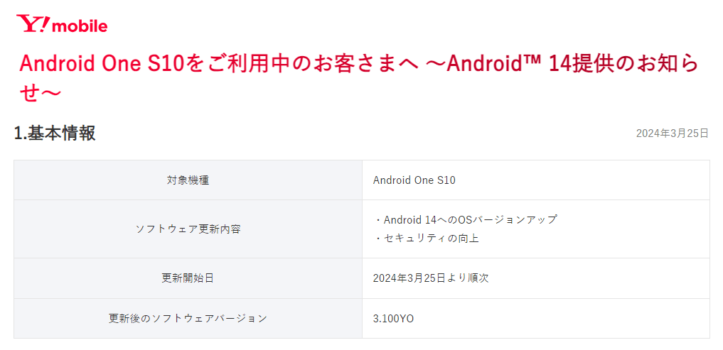 ワイモバイルが「Android One S10」にAndroid 14のアップデートの提供を開始（2024年3月25日）