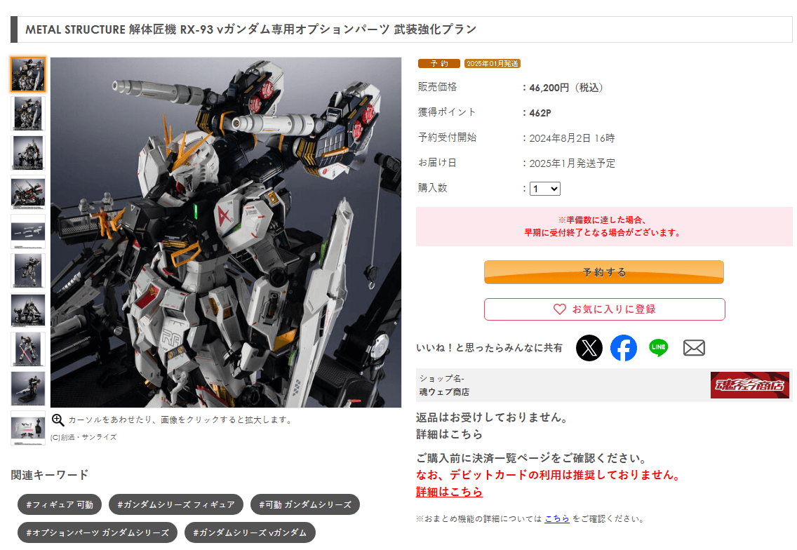 プレミアムバンダイで『METAL STRUCTURE 解体匠機 RX-93 νガンダム専用オプションパーツ 武装強化プラン』の抽選販売