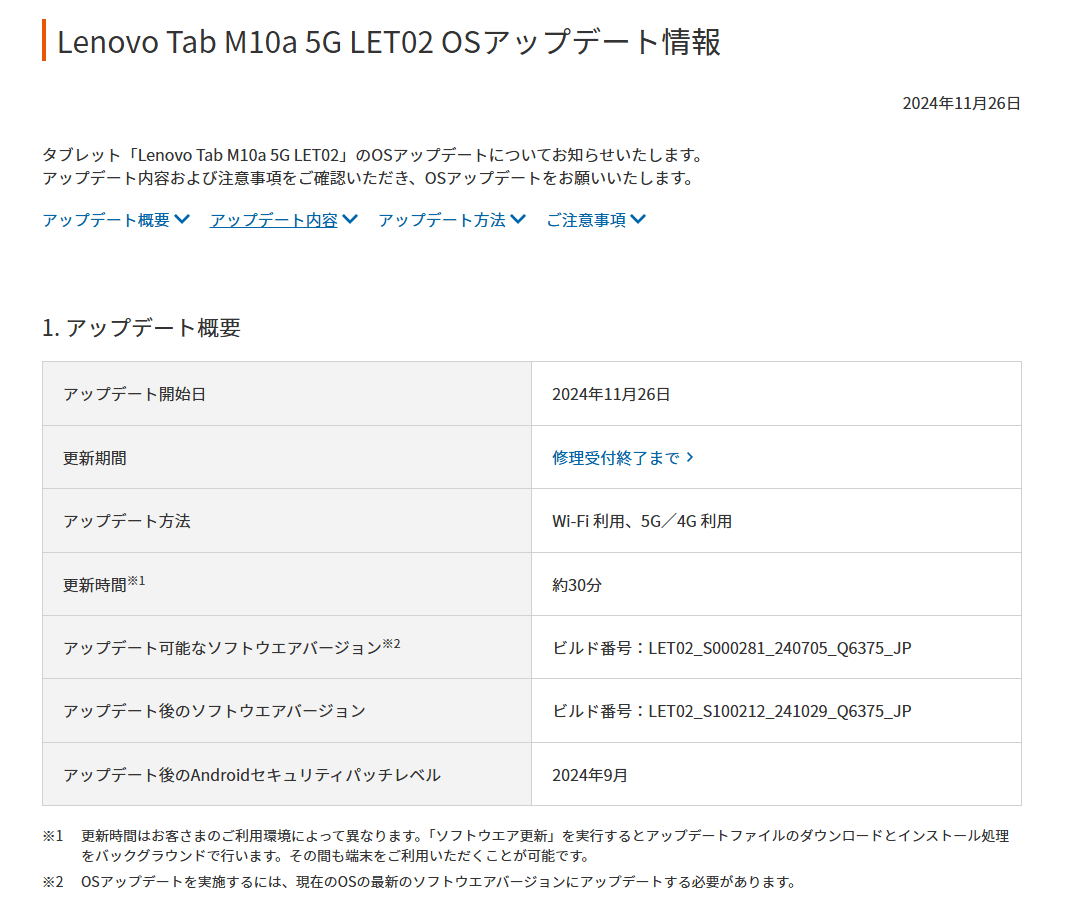 auが「Lenovo Tab M10a 5G（LET02）」にAndroid 14アップデートの提供を開始（2024年11月26日～）