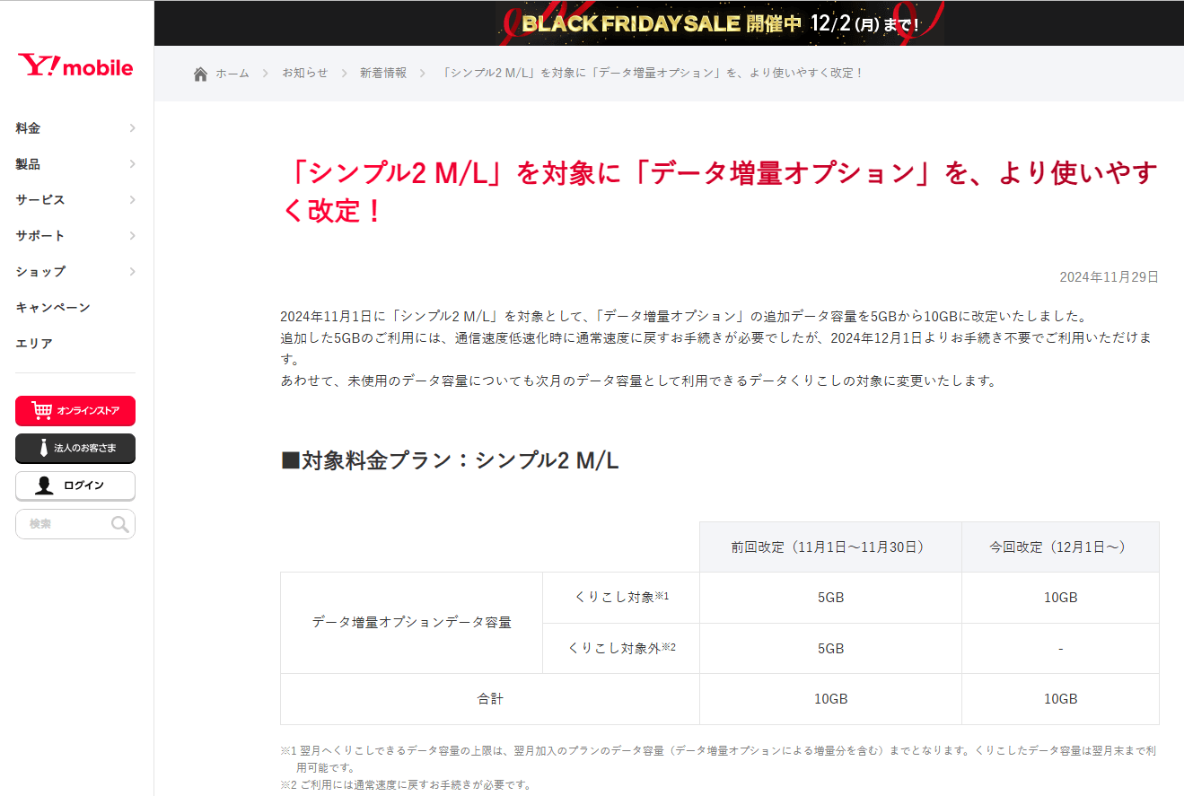 12月1日からワイモバイルが「データ増量オプション」をより使いやすく改定