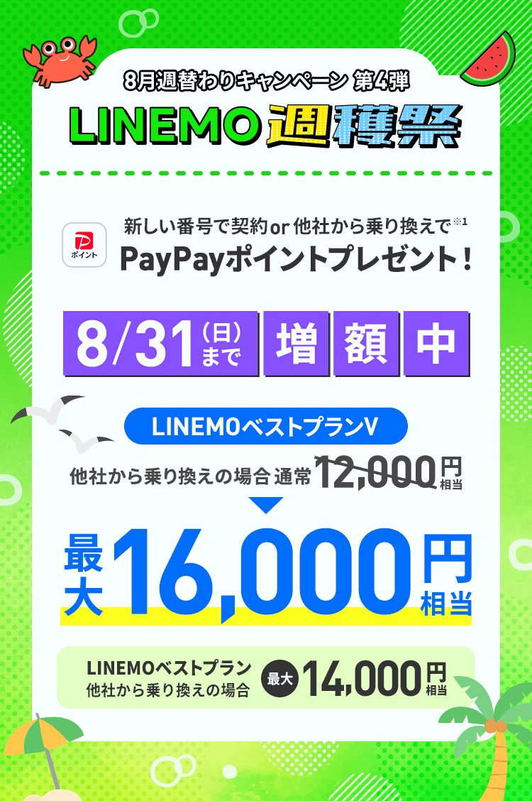 【LINEMO週獲祭】8月週替わりキャンペーン第4弾「PayPay増額キャンペーン」が開催、最大1.6万円相当のPayPayポイントを還元!