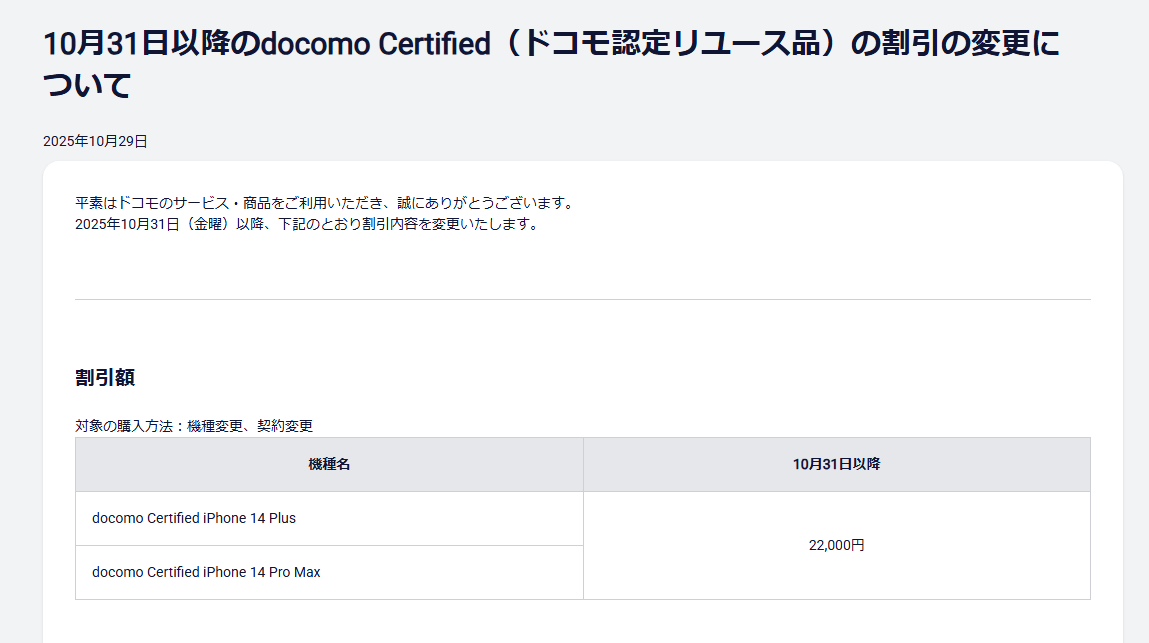 ドコモ認定リユース品の「iPhone 14 Plus」「iPhone 14 Pro Max」が機種変更で22,000円割引、10月31日～