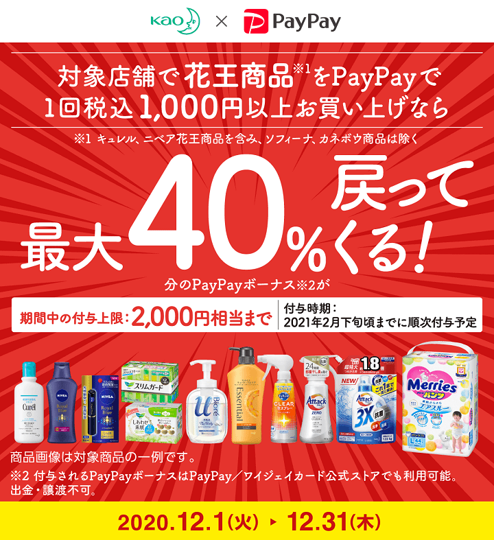 2020年12月1日～31日 花王の製品を購入で最大40％還元キャンペーン