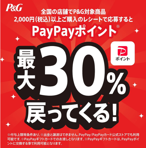 【11月1日~12月31日】P&G対象商品購入&レシート応募で最大30%分のPayPayポイントを還元