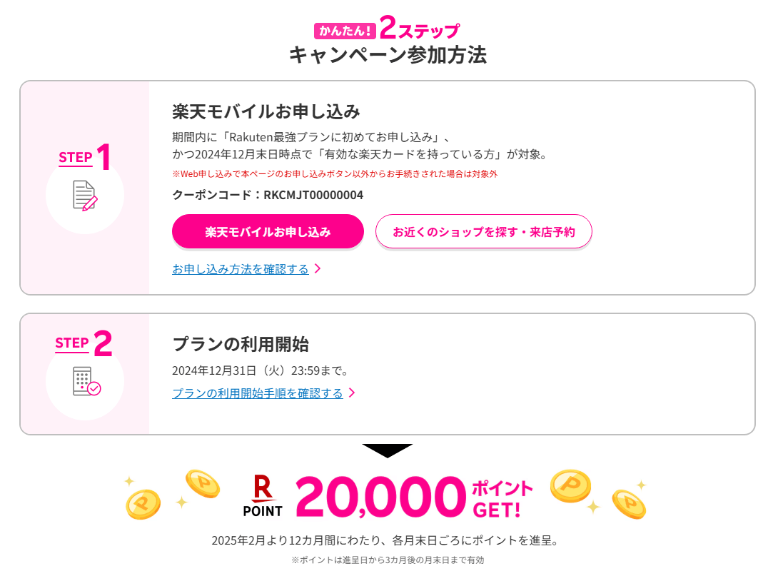 【激熱!!】楽天モバイルに初めてお申し込みで20,000ポイントがもらえる楽天カード会員限定のキャンペーンが開催