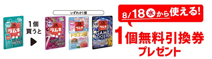 「森永 大粒ラムネ」を1個買うと、「森永 大粒ラムネ ぶどうスカッシュ」または「大粒ラムネ ドラゴン桜ピーチソーダ味」または「大粒ラムネ GAME BOOSTER2」1個無料引換券プレゼント!