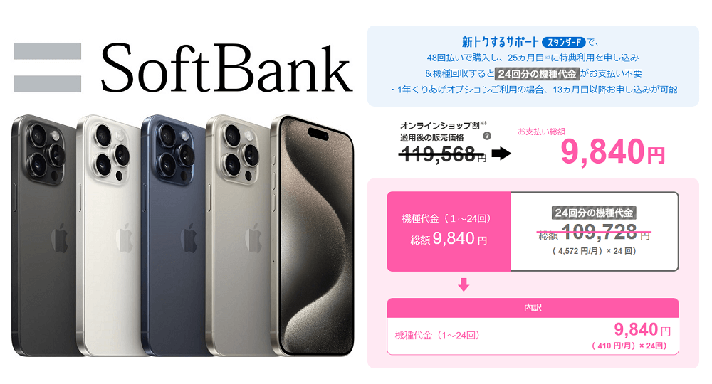 ソフトバンクのiPhone 15 Proを2年間9,840円（410円×24回）で利用する方法、条件などまとめ