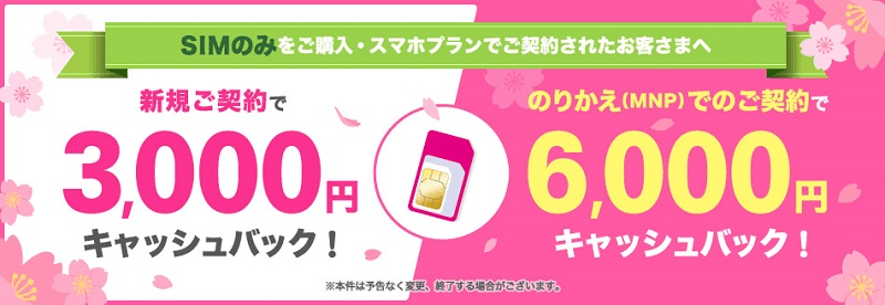 SIMのみを購入・スマホプランで契約すると最大6,000円キャッシュバック