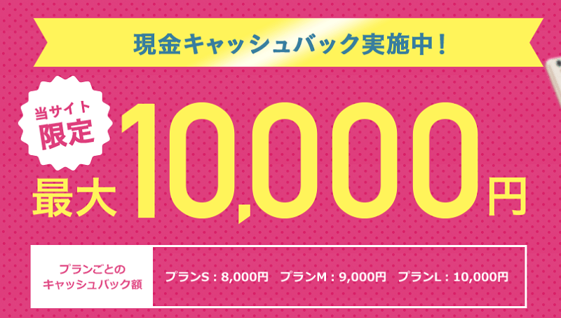 現金最大10,000円キャッシュバック