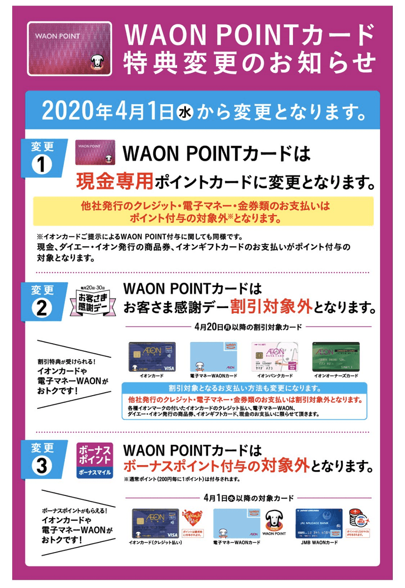 2020年4月1日（水）からWAON POINTカードの特典が変更・改悪