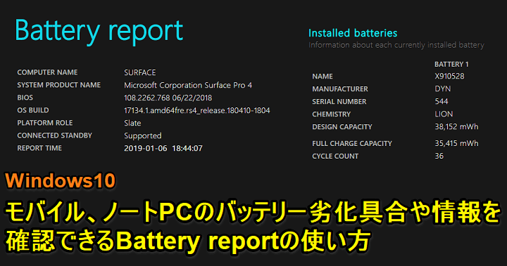 Windows10バッテリー劣化具合確認batteryreport