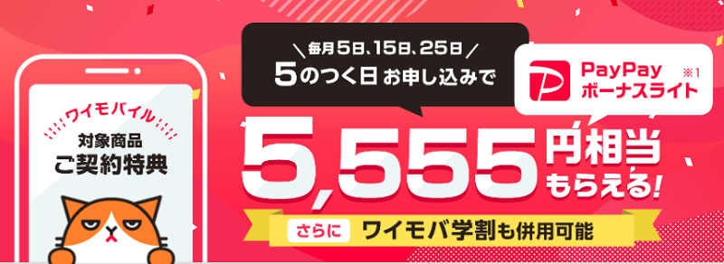 【端末セット】ワイモバイルのスマホご契約特典・5のつく日特典 - PayPayボーナスライト5,555円相当還元